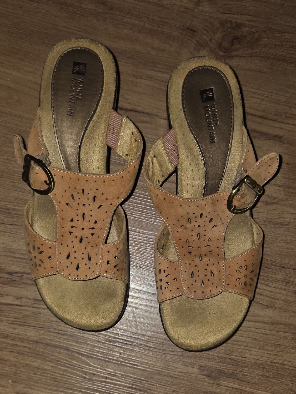 White Mountain Tan Laser-Cut Buckle Slide Sandals